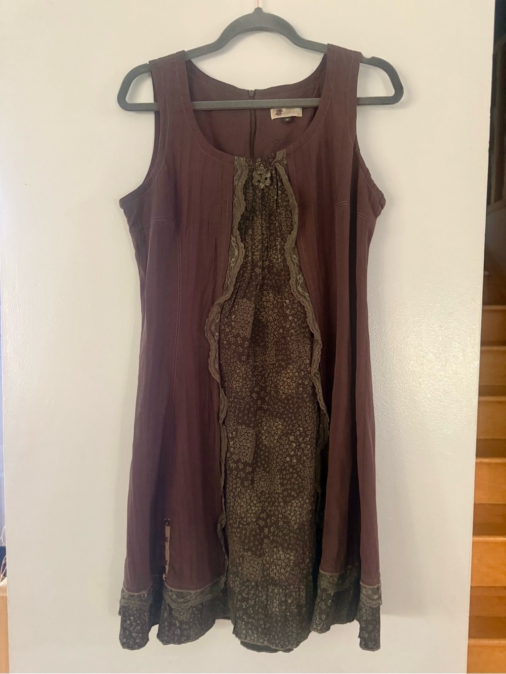 Sleeveless Brown Midi Boho Dress with Patterned Panel - Unbranded